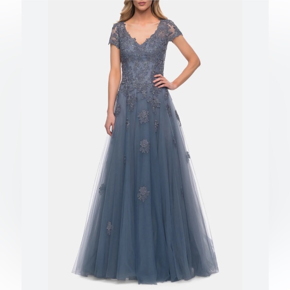 La Femme Dresses & Skirts - La Femme 29380 Tulle A Line Gown in Slate Embroidered Floral Lace Flowers Prom